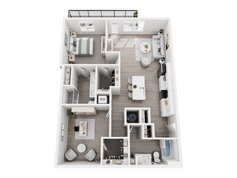 Floor plan layout of 1221 sf one-bedroom apartment with den space and a balcony.